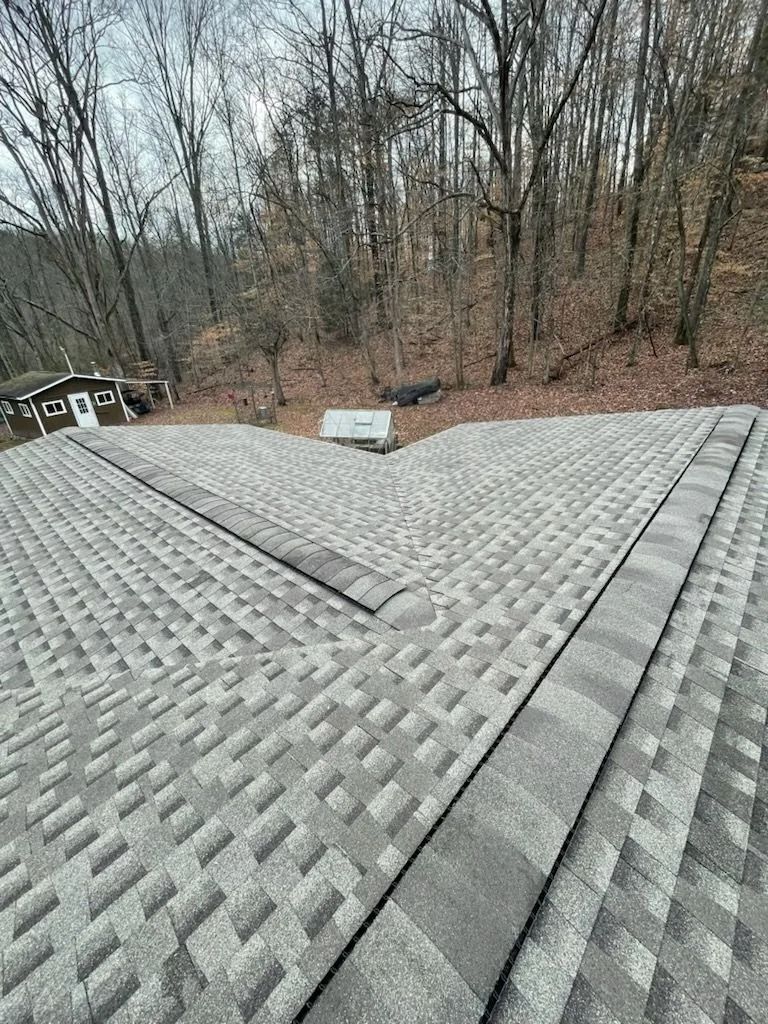 A high-angle view of a grey shingled roof with a valley and ridge caps, set against a background of bare winter trees.