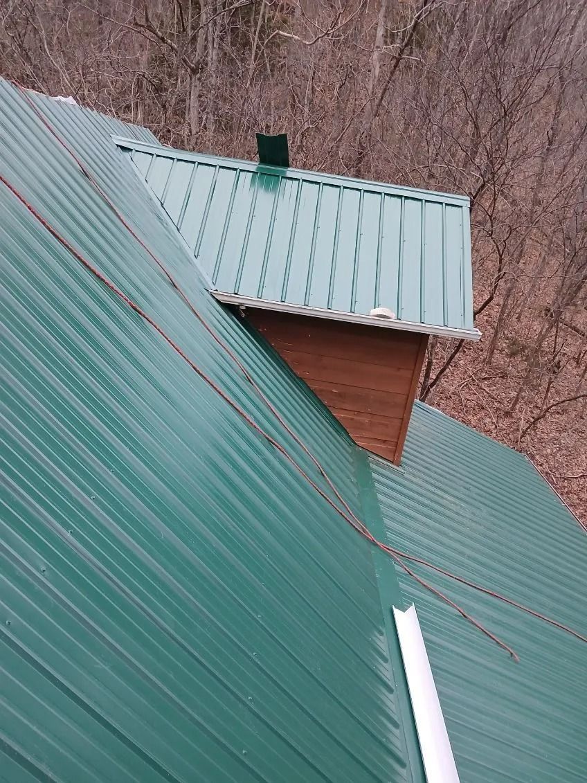 A green metal roof with a dormer and a small dark chimney, seen from an elevated angle above a wooded area.