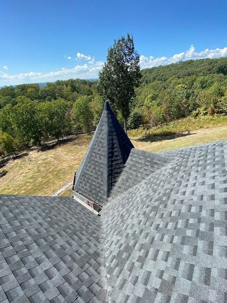 A high-angle view of a gray shingled roof with a pointed turret, set against a backdrop of green trees and blue sky.