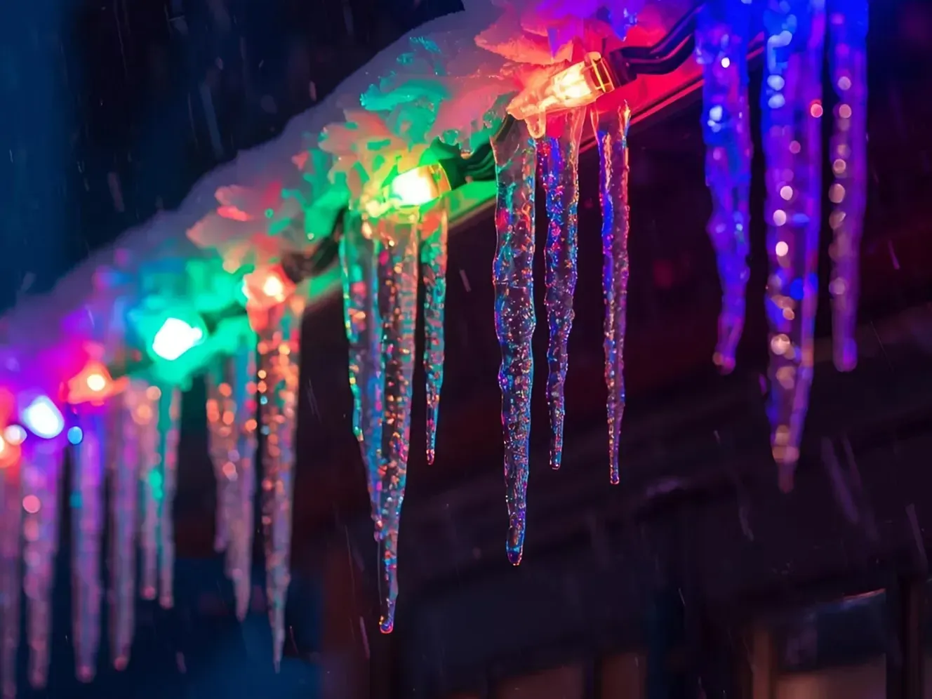 Icicles hang from a roofline illuminated by multicolored Christmas lights against a dark, snowy background.