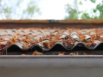 A corrugated roof covered in fallen autumn leaves, positioned above a horizontal white gutter.