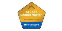 A pentagon-shaped CertainTeed SELECT ShingleMaster logo with a gold top section and a blue bottom section.