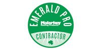 A circular green Malarkey Roofing Products Emerald Pro Contractor logo with white text.