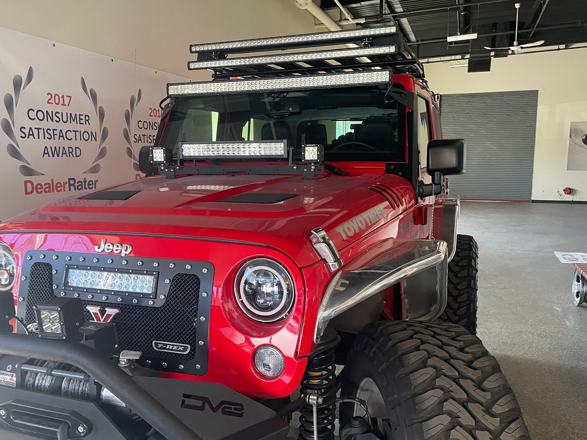 Front of a red jeep