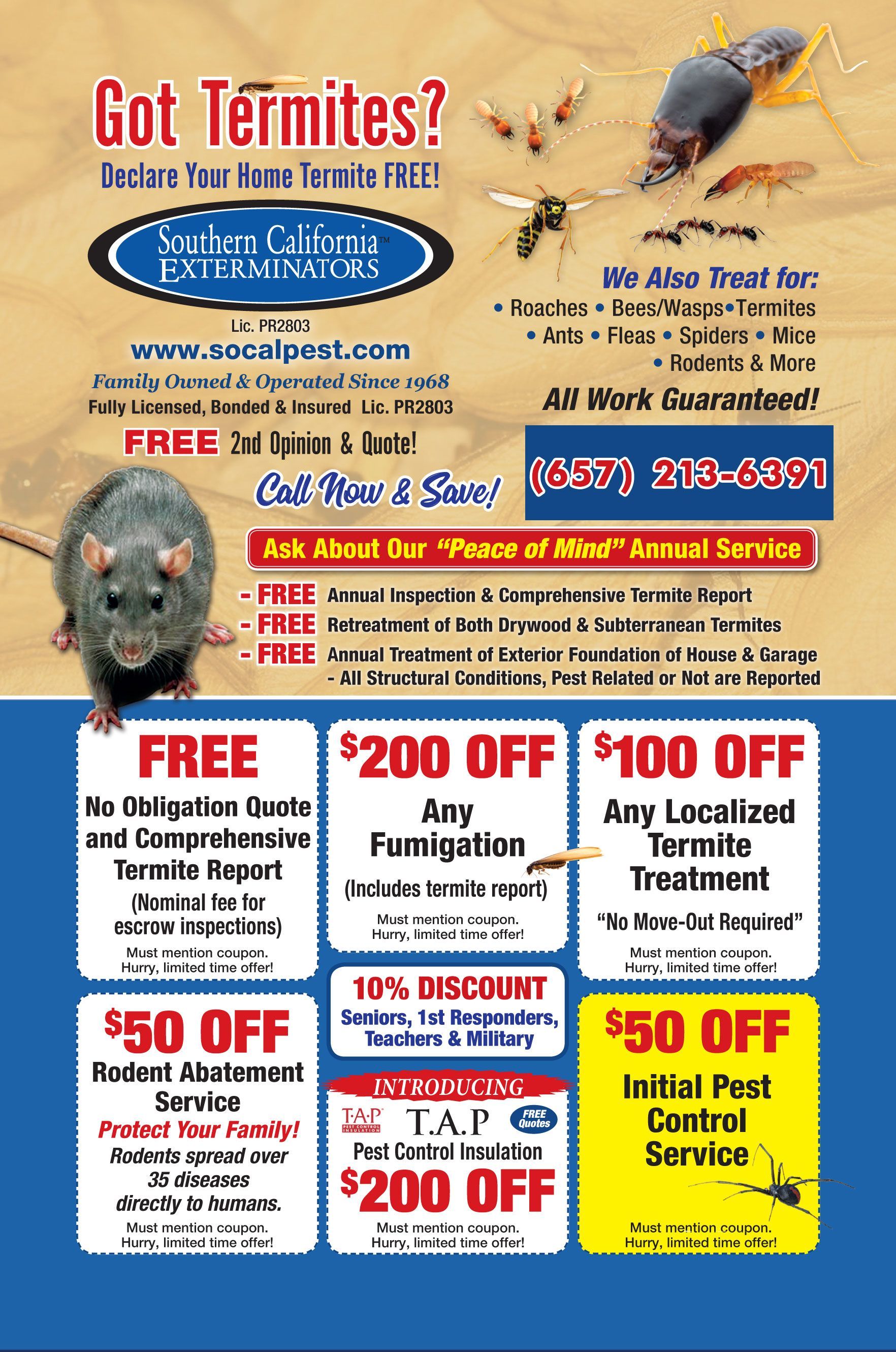 Advertisements for termite removal services, featuring a rat, insects, and promotional offers.