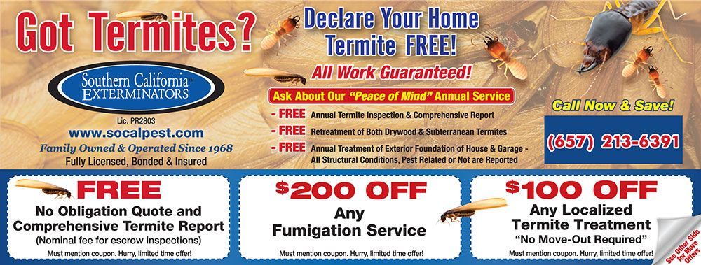 Advert for termite treatment, offering free quotes, $200 off fumigation, and $100 off localized treatment.