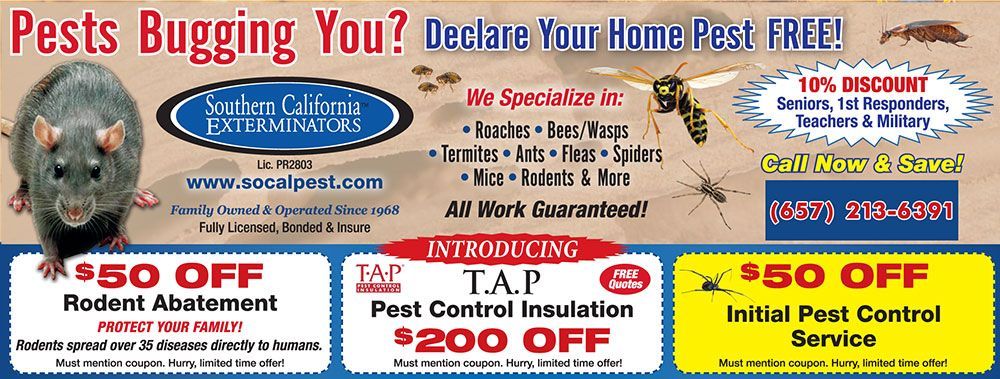 Ad for pest control services. Features a rat, insects, and discounts.