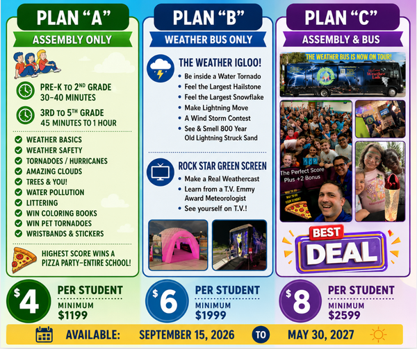 Summer camp flyer with three plans: Assembly Only, Weather Day Only, and Assembly & Bus.