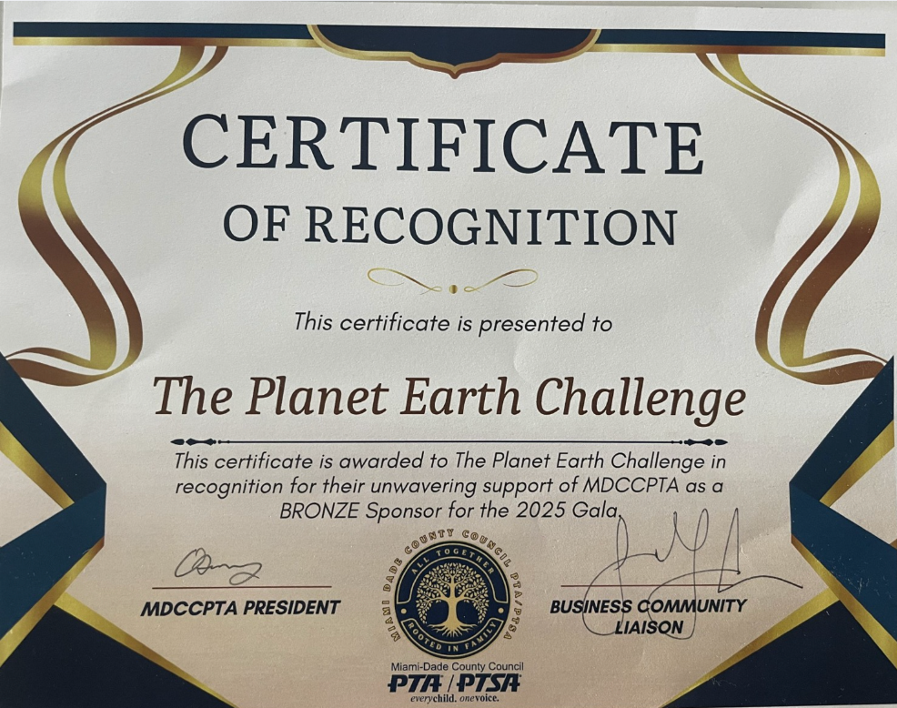 A certificate of recognition for the planet earth challenge