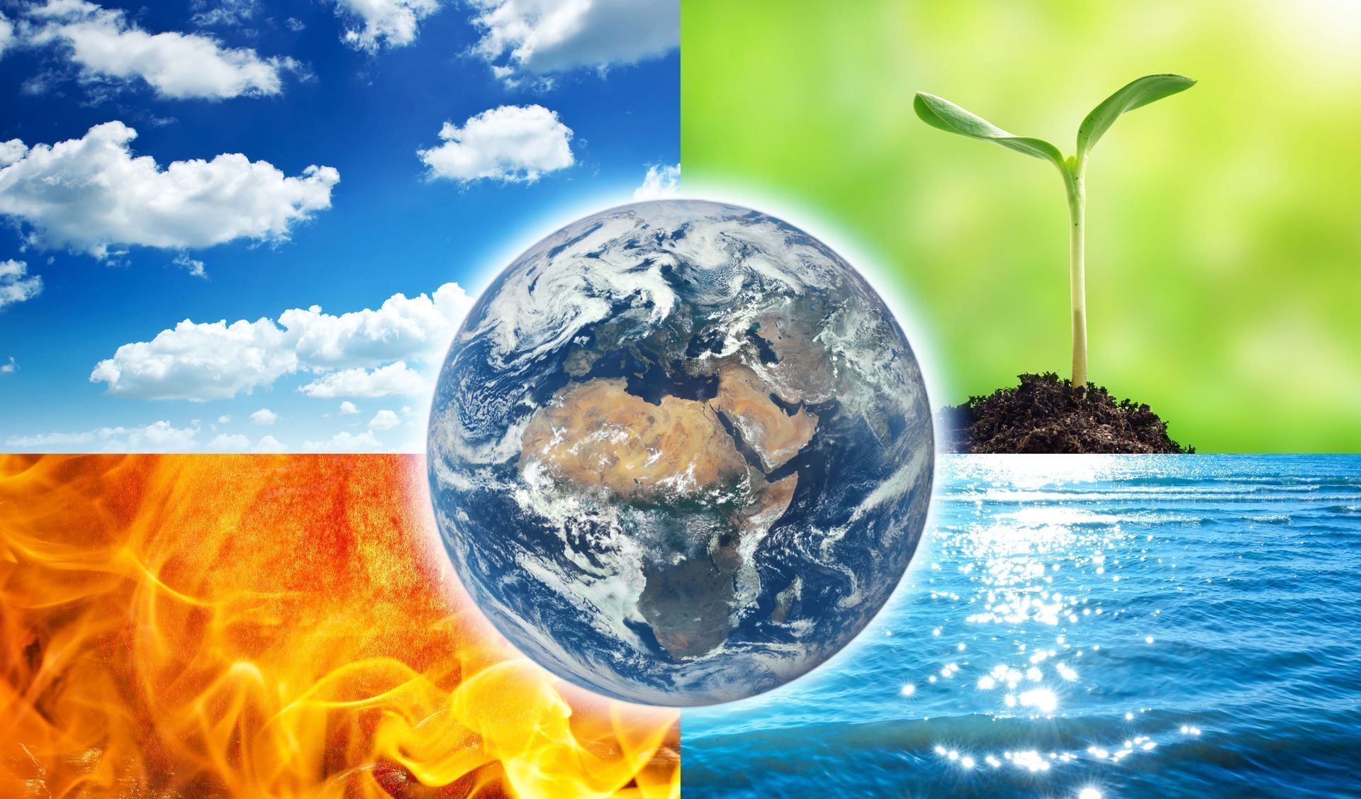 Earth surrounded by sections representing air, fire, water, and growth.