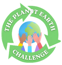 A logo for the planet earth challenge with hands holding a globe