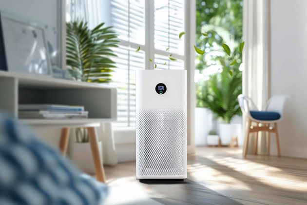 A white air purifier stands on a floor in a bright, modern living room with lush green plants and large windows.
