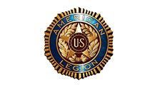 The gold and blue American Legion emblem featuring a central star, U.S. lettering, and a wreath border.