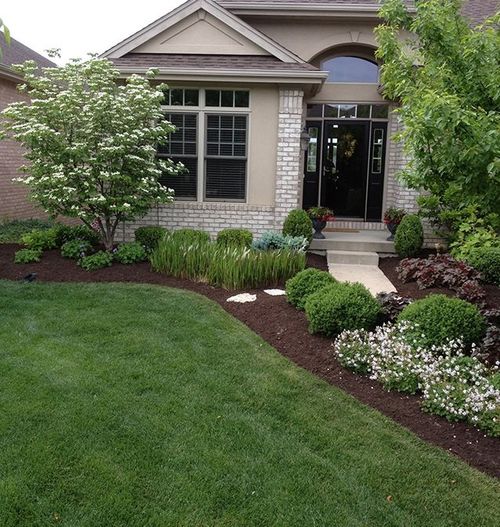Front yard landscaping with a brick house, green lawn, shrubs, and a walkway to the front door