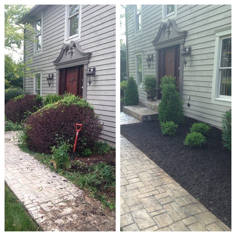 Before-and-after view of a house entry with trimmed shrubs, new black mulch, and a cleaner walkway