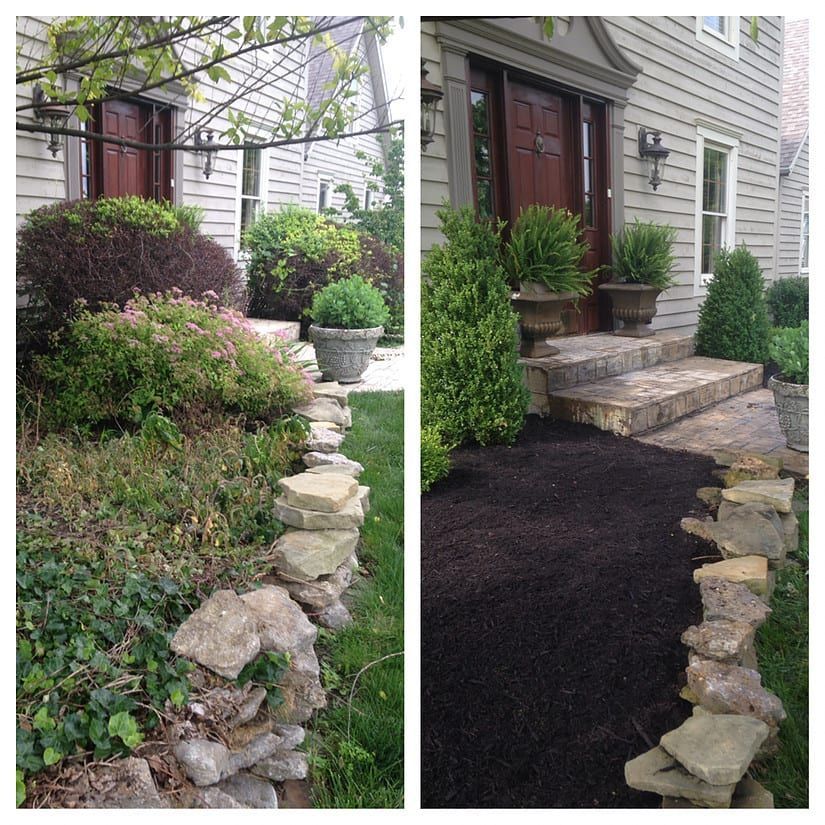 Before-and-after view of a landscaped front walkway with stone border, shrubs, and house entrance.