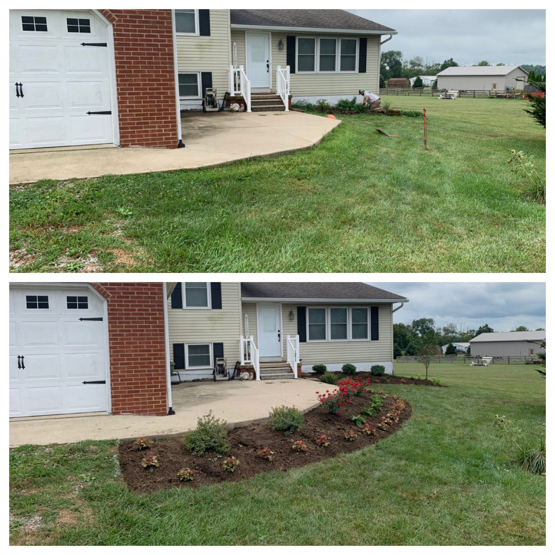 Before-and-after view of a house front yard with a curved flower bed added beside the driveway.