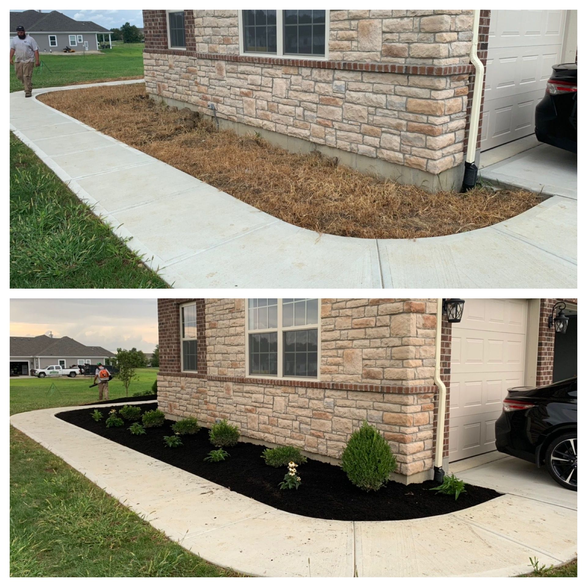 Before-and-after landscaping along a stone house: mulch bed with small shrubs replaces bare dirt.