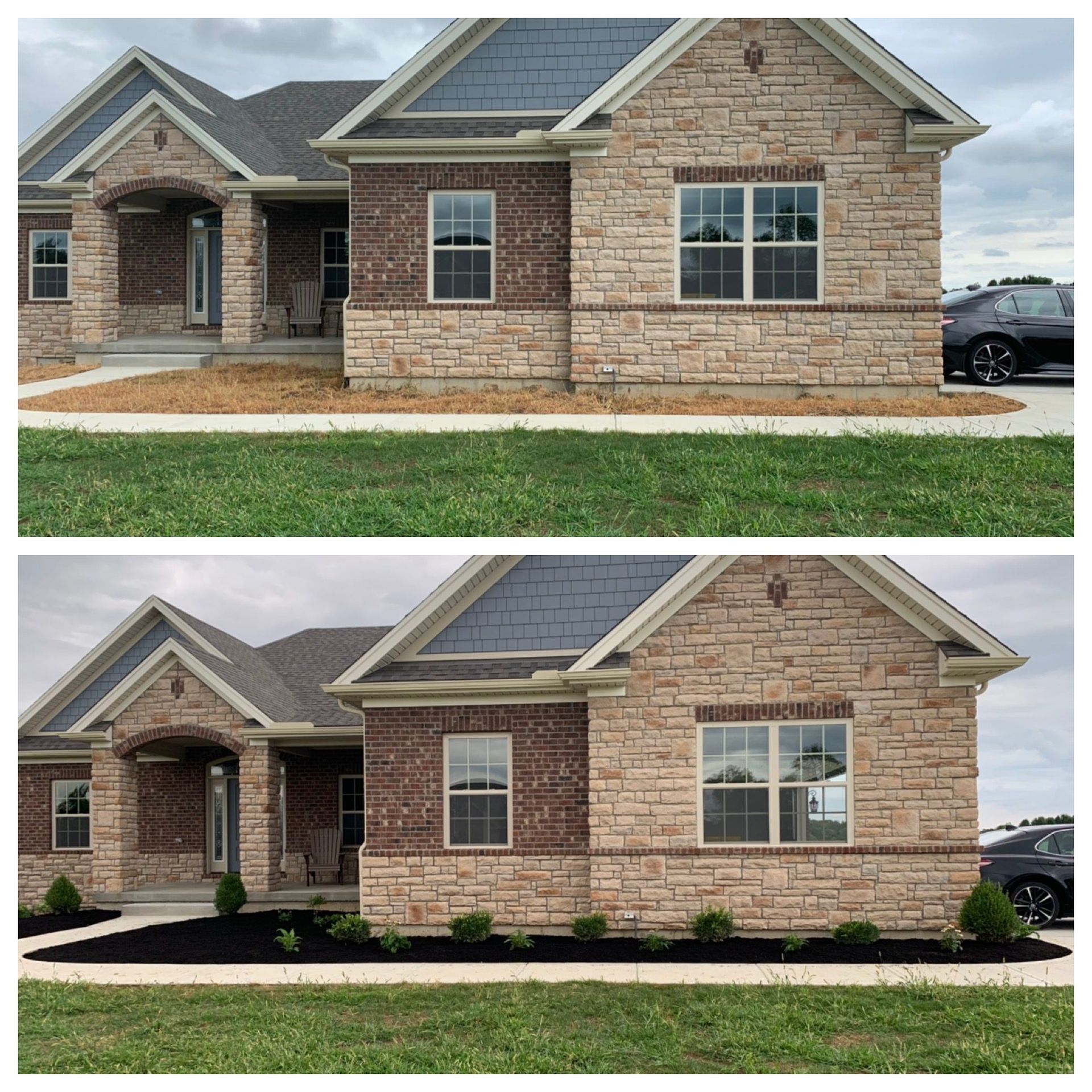 Before-and-after view of a brick house exterior with added landscaping and a larger front window