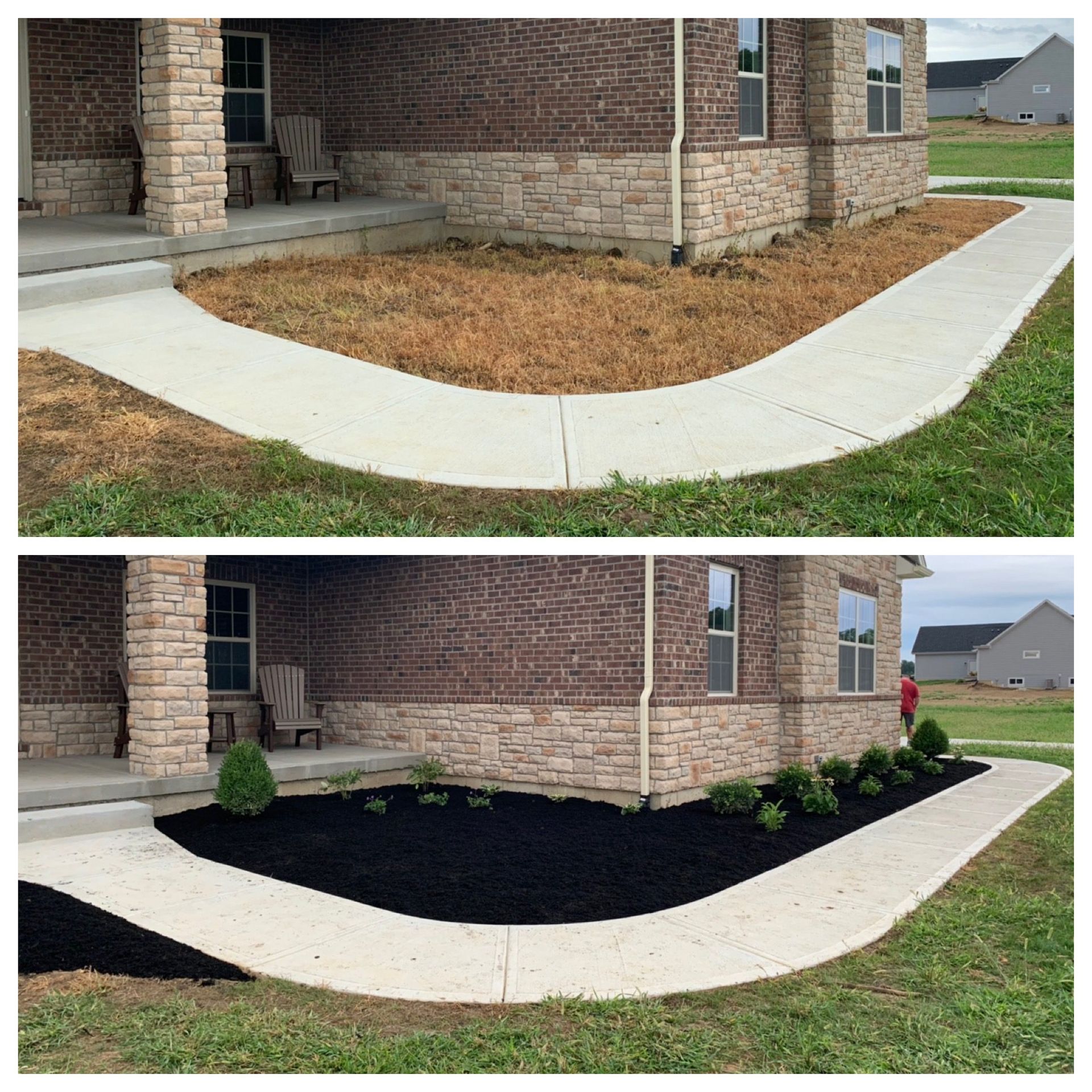 Before-and-after landscaping of a house corner, with bare mulch replaced by black mulch and small shrubs.