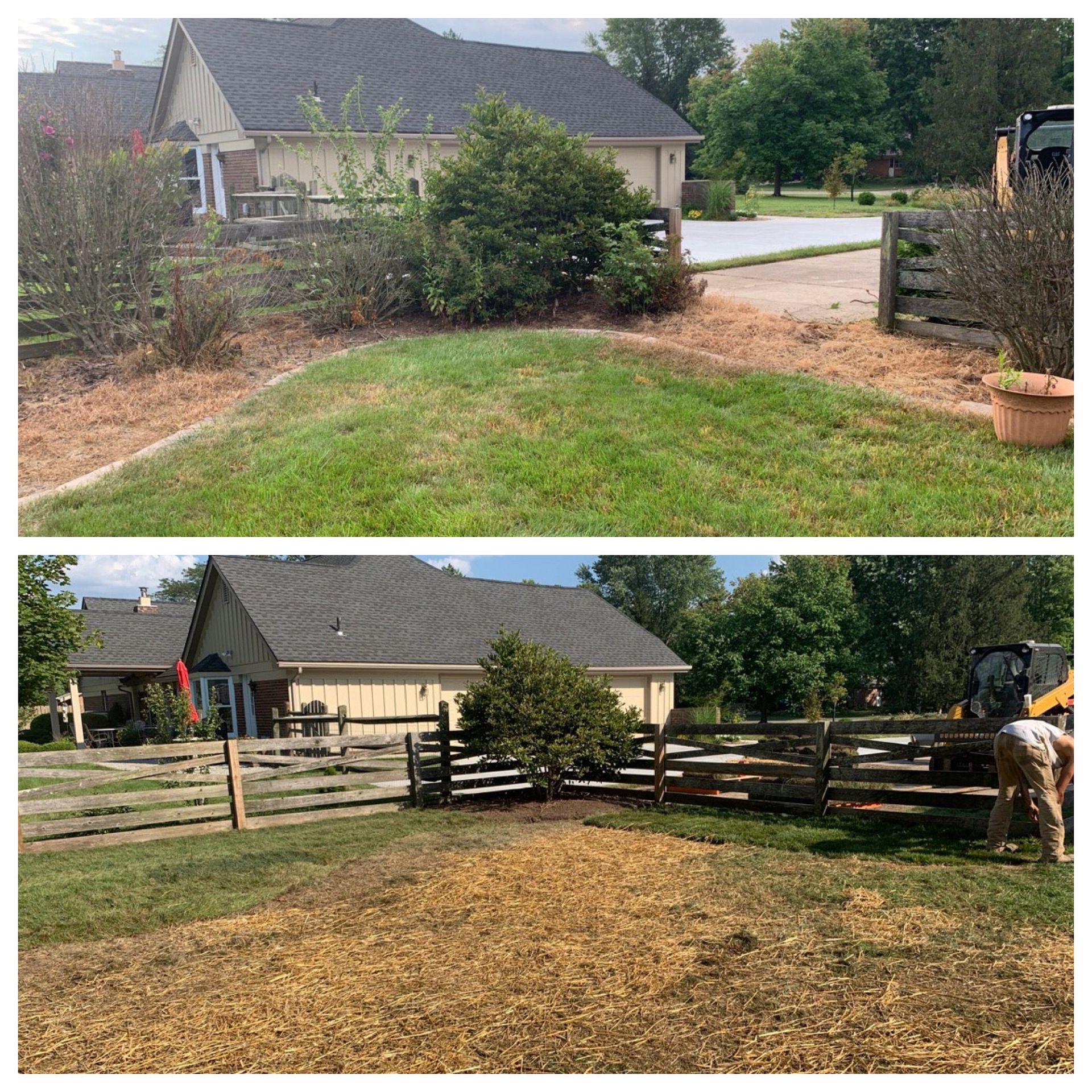 Backyard before-and-after: bush removed, fence added, and gravel spread around a lawn near a house