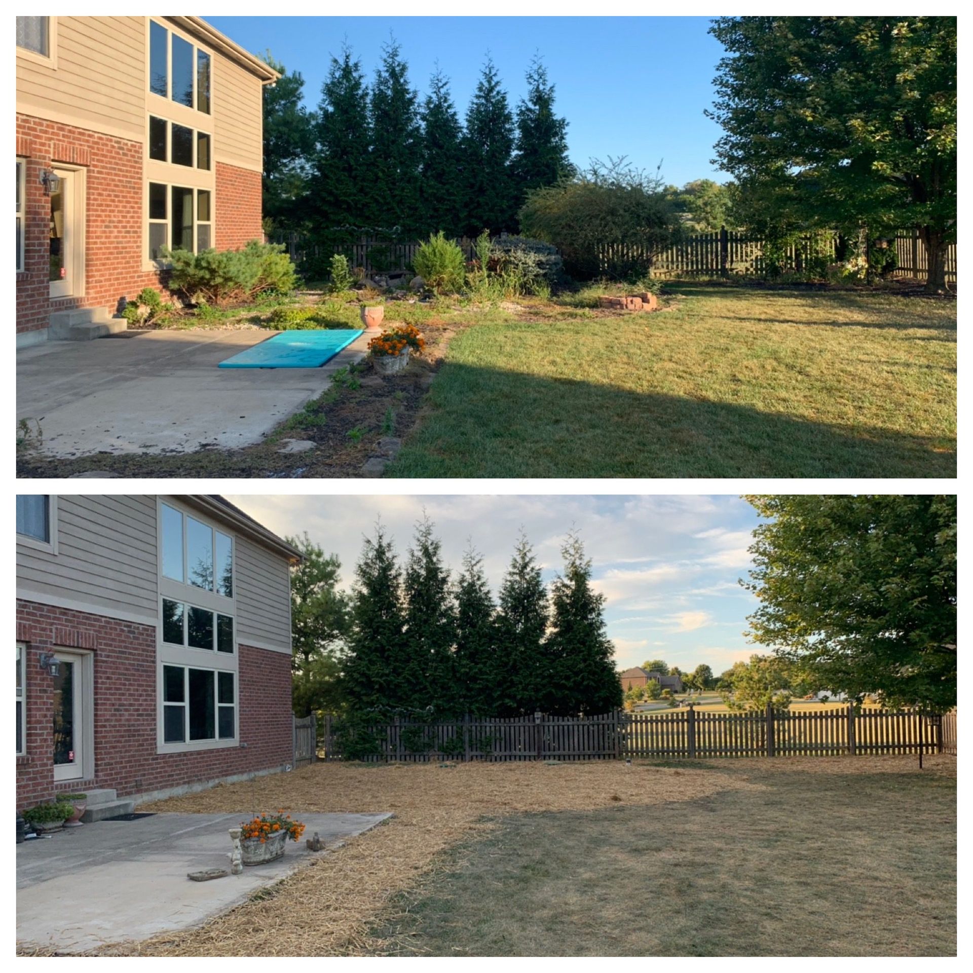Backyard before-and-after: landscaped garden replaced by bare dirt and new fence behind a brick house