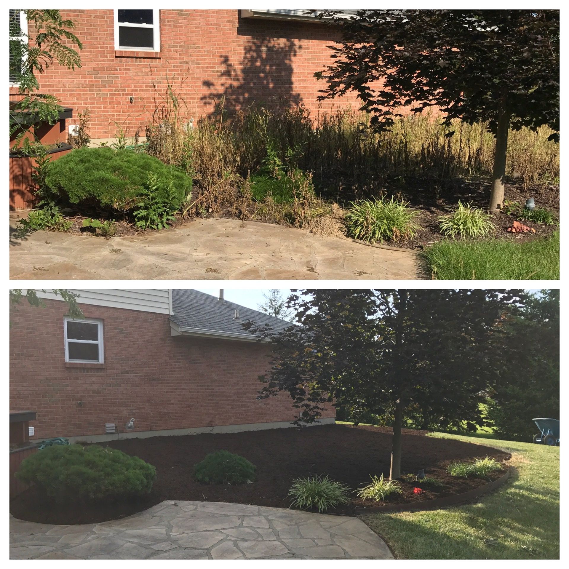 Before-and-after view of a brick house front garden, showing new stone edging and refreshed landscaping.