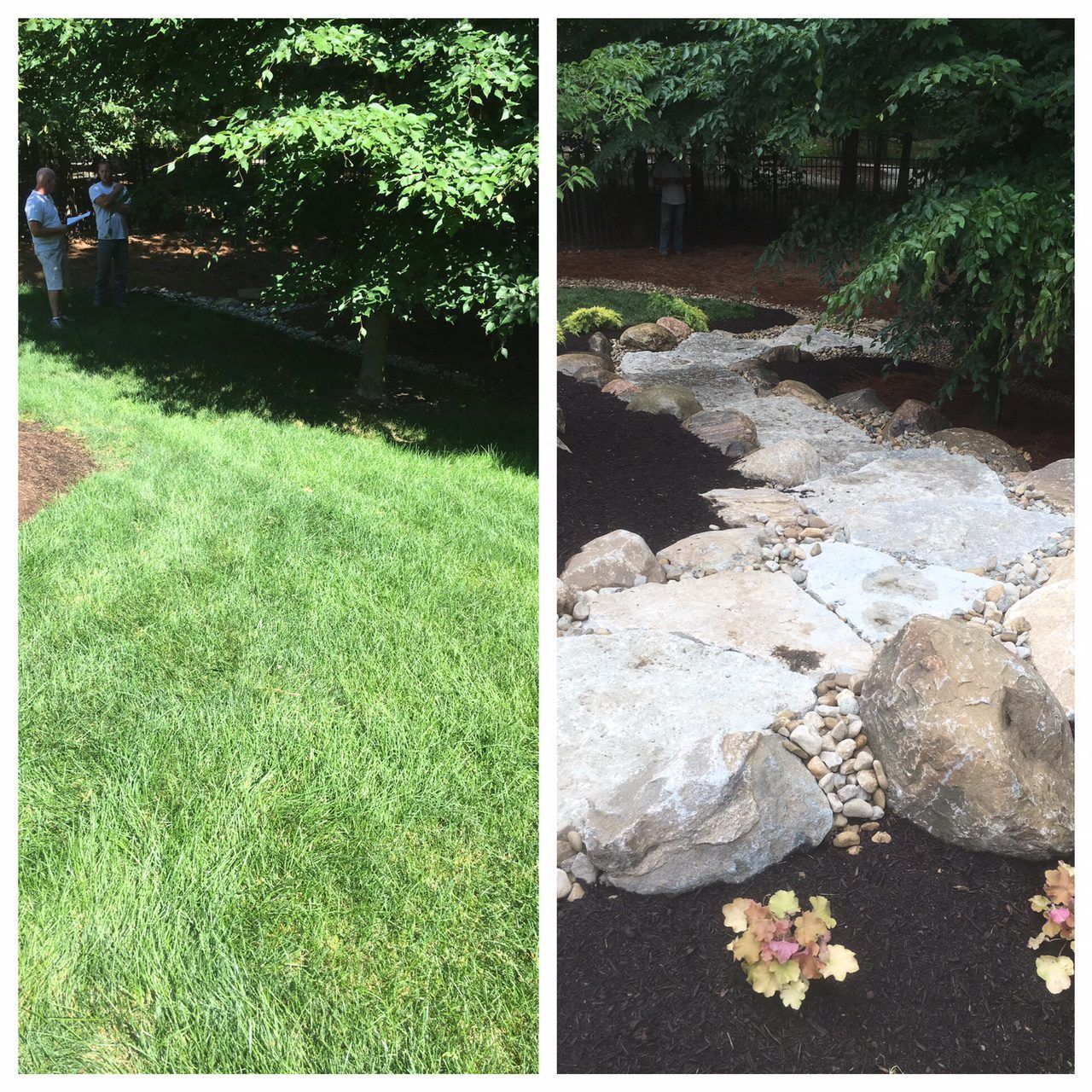 Split view of a grassy yard and a rocky stream under trees, with two people partly visible at left.