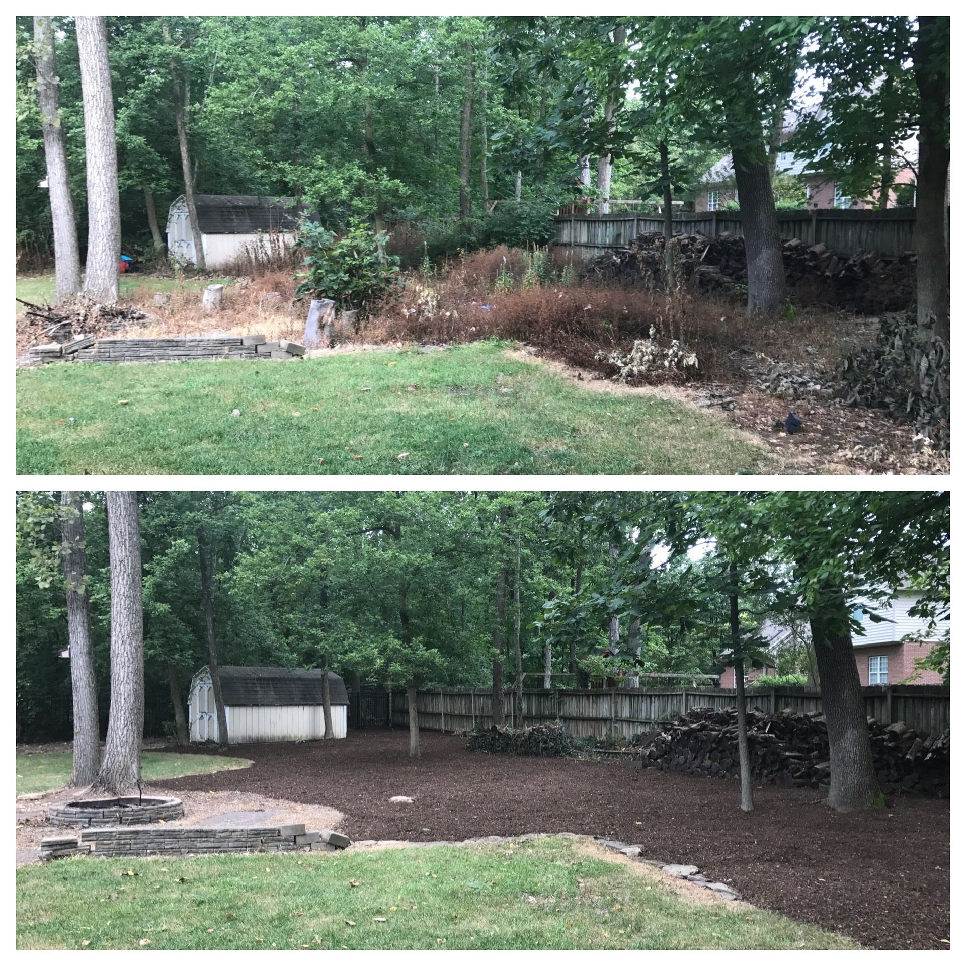 Backyard before-and-after: newly cleared mulch bed with trees and shrubs replaced by bare soil.