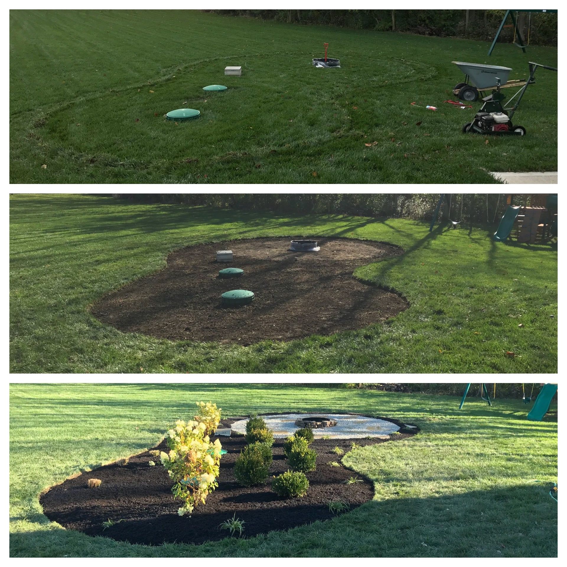 Three lawn care stages: bare grass, freshly tilled soil with markers, and a planted garden bed.