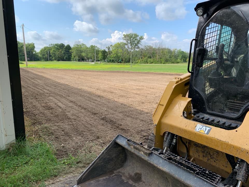 Yellow CAT skid steer on a dirt field edge, with a grassy tree line in the background.