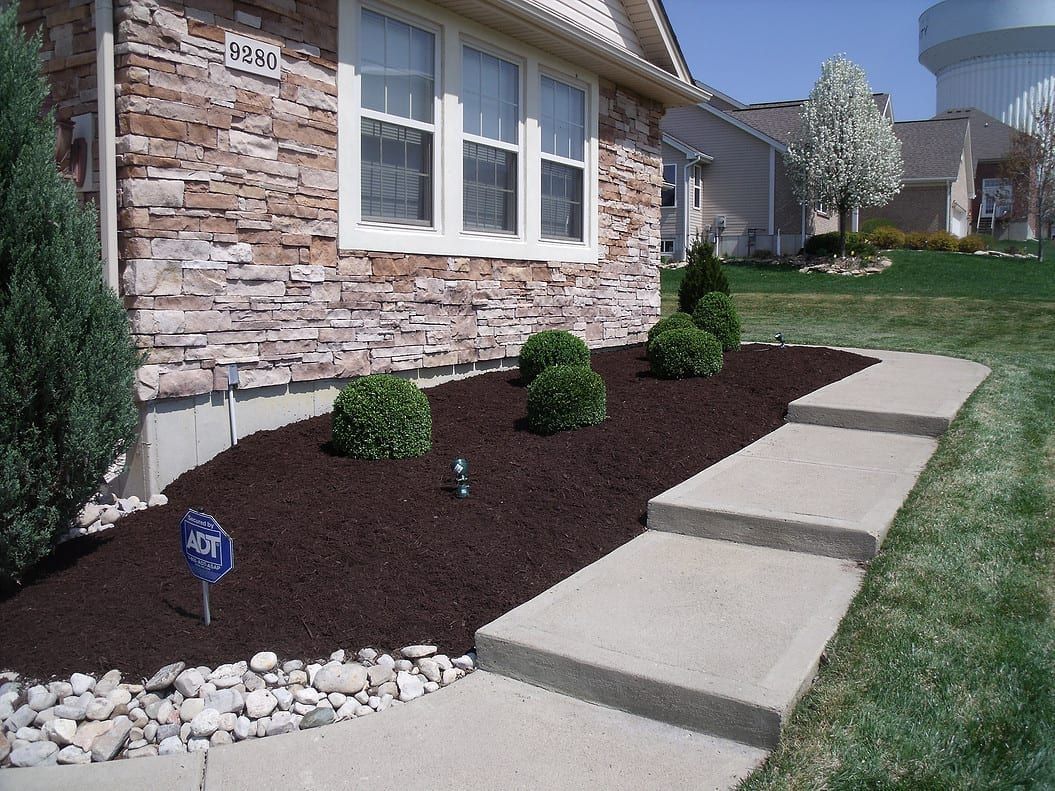 Front yard landscaping with mulch bed, shrubs, white stones, and concrete stepping path by a brick house