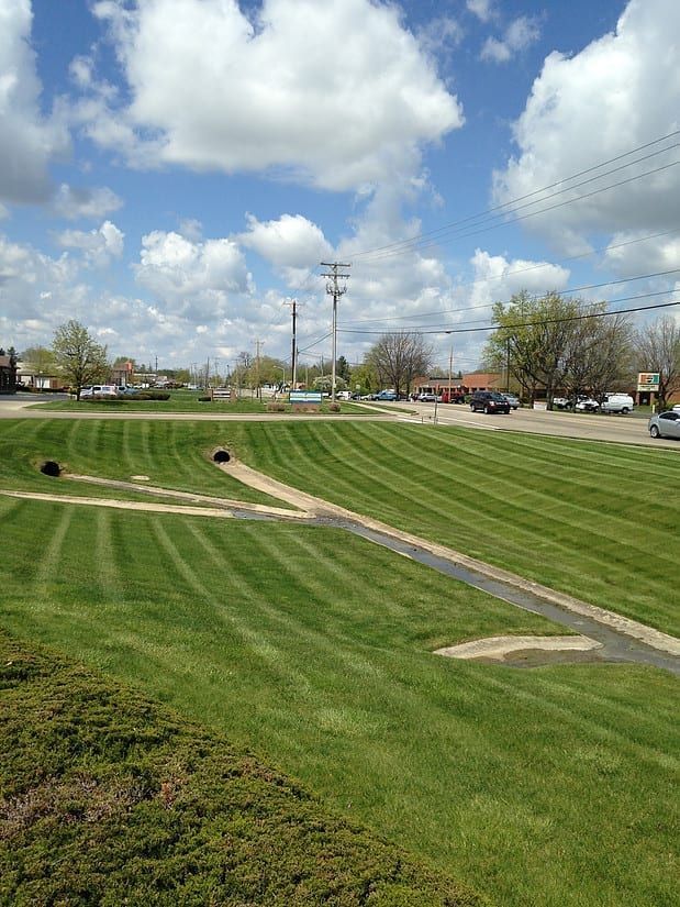 Grassy park slope with a concrete path, under a cloudy sky near a road and utility poles