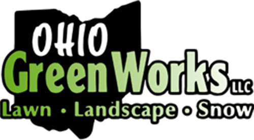 Ohio Green Works LLC logo with black Ohio silhouette and green-and-white lawn, landscape, snow text