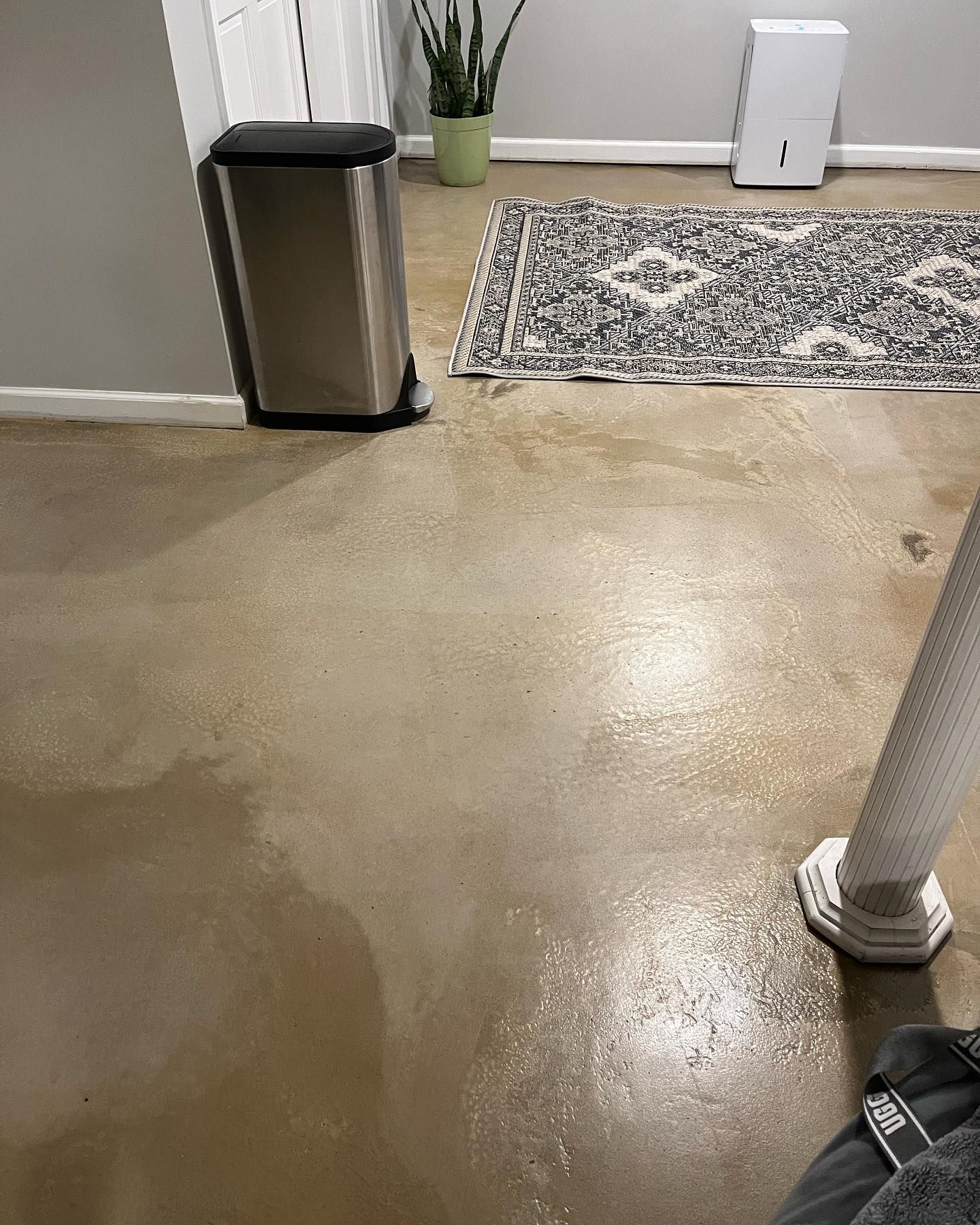 A room with a trash can and a rug on the floor.