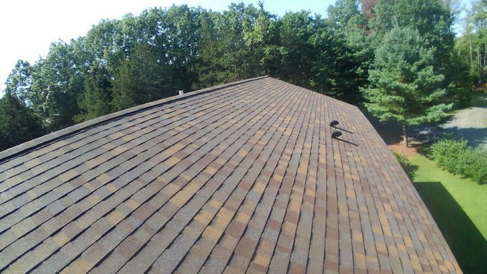 An aerial view of a roof with trees in the background