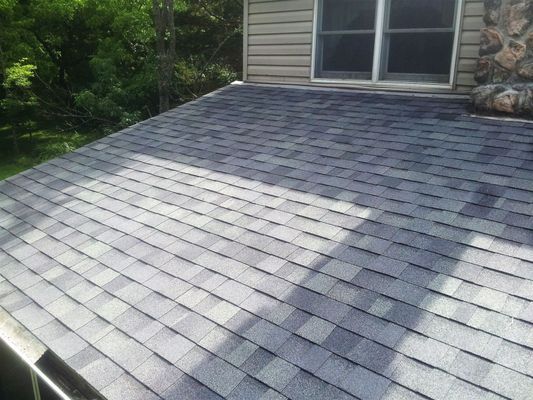 A roof with shingles on it is sitting on top of a house.