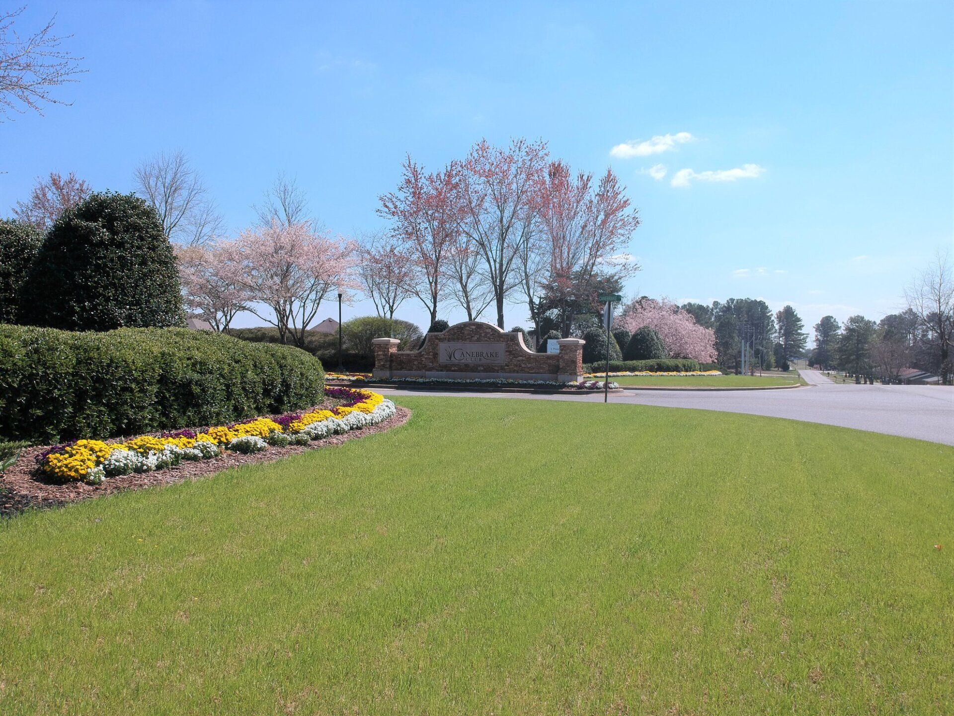 A lush green lawn with flowers and trees in the background