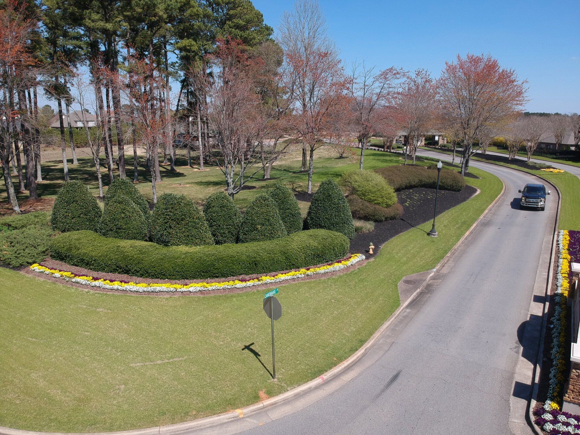 A car is driving down a curvy road in a park.
