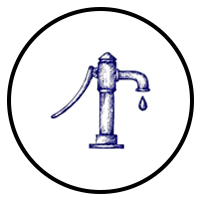 A blue-ink sketch of a traditional hand-pumped water well inside a circular border, with a single drop falling.