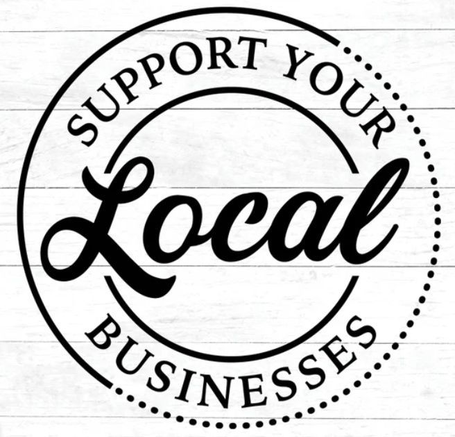 Black-and-white circular badge reading “Support Your Local Businesses”