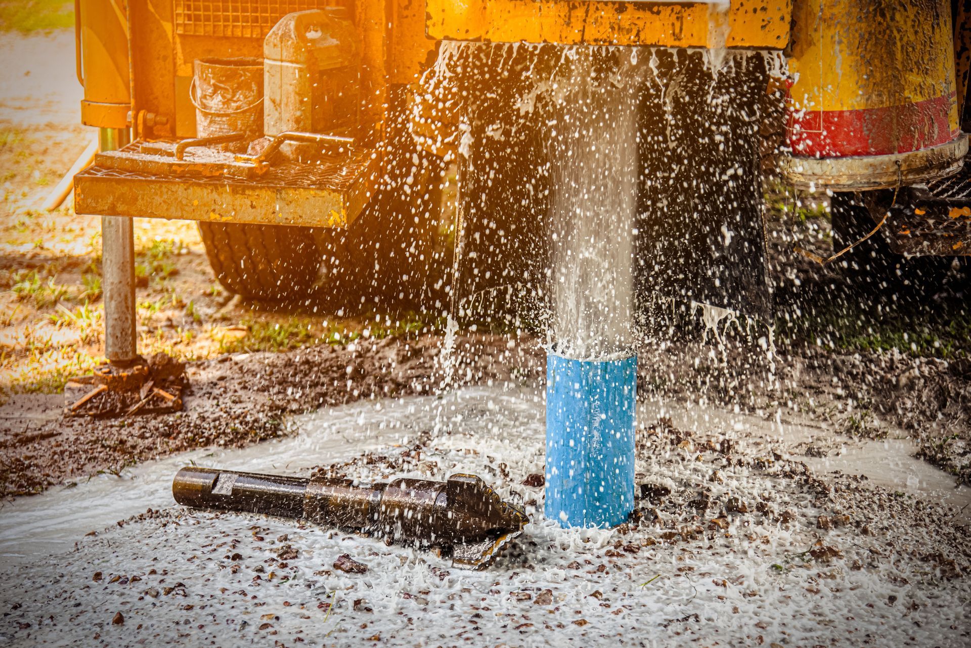 Water sprays from a blue pipe at a drilling site, with mud and drilling equipment visible in the background.