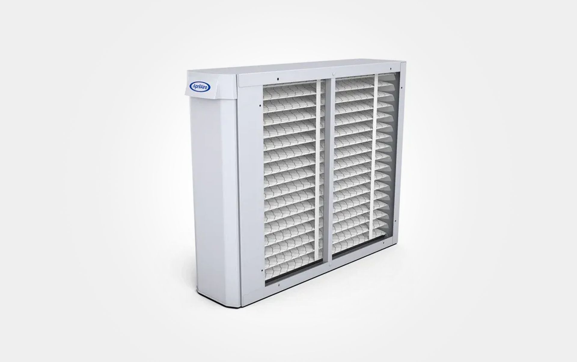 White evaporative cooler with front cooling pads, on a white background.