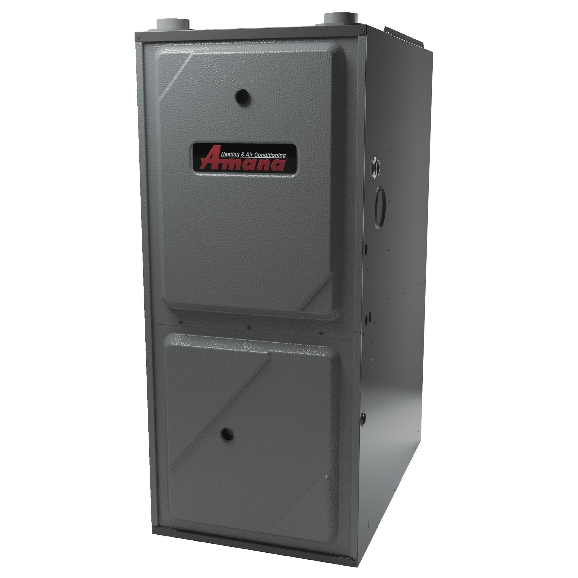 Gray Amana furnace. Rectangular, with two front access panels and top exhaust ports.