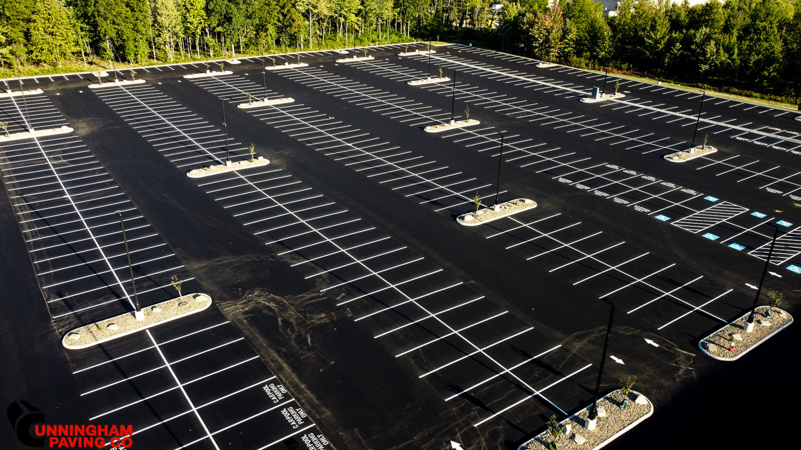 an aerial view of a parking lot