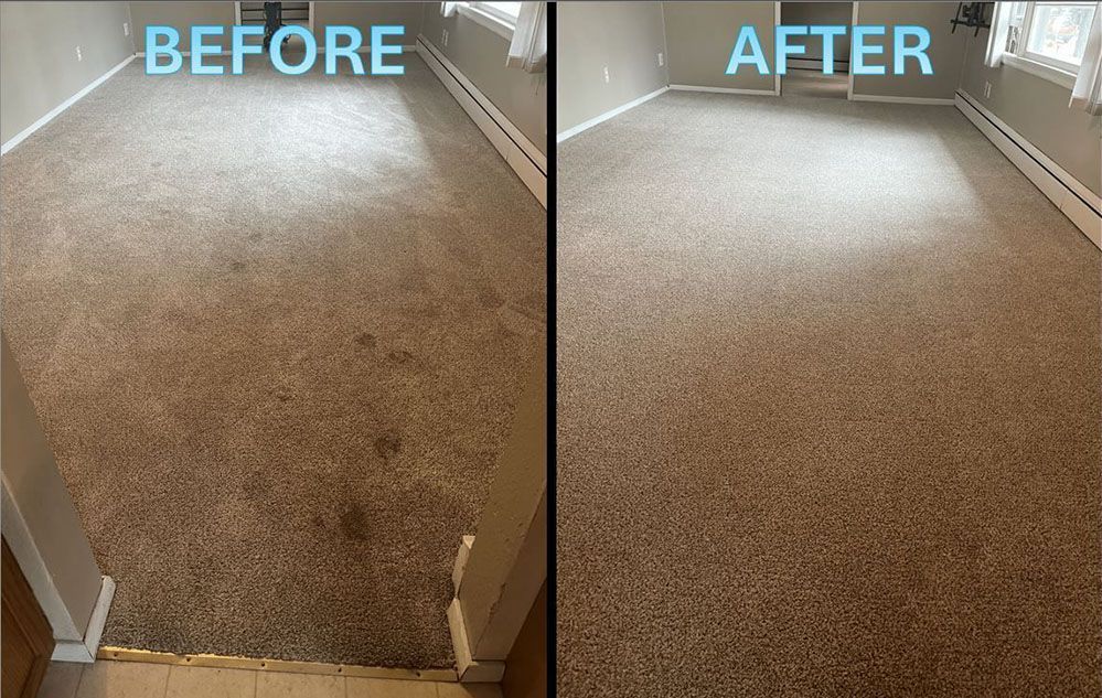 A before and after photo of a carpet in a living room.