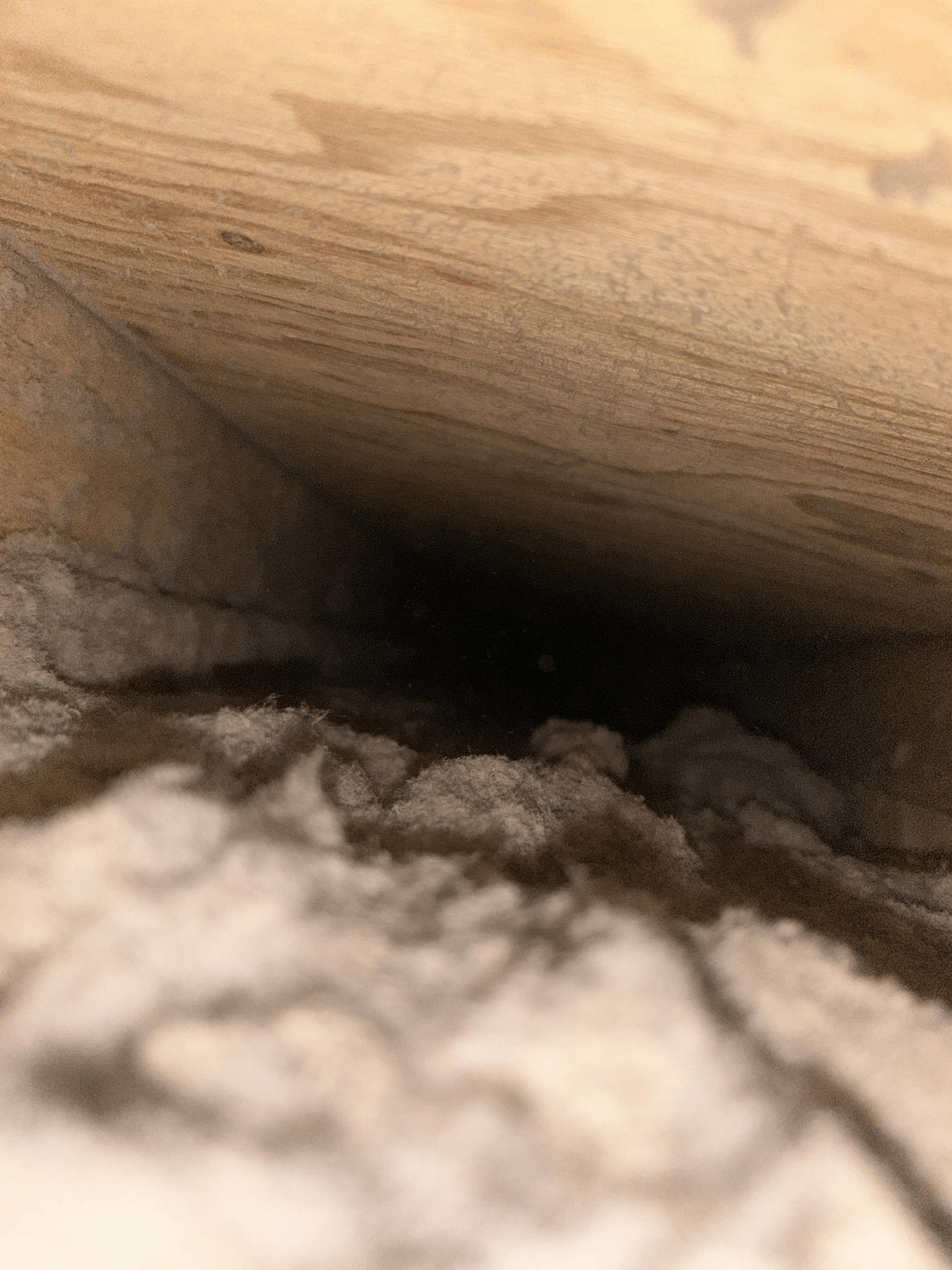 A close up of a hole in a wooden wall.