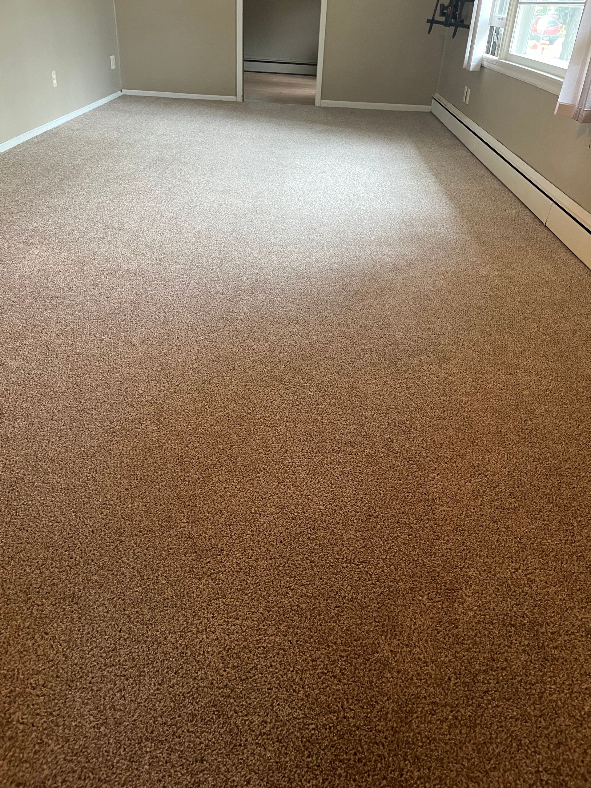 A living room with a carpeted floor and a window.