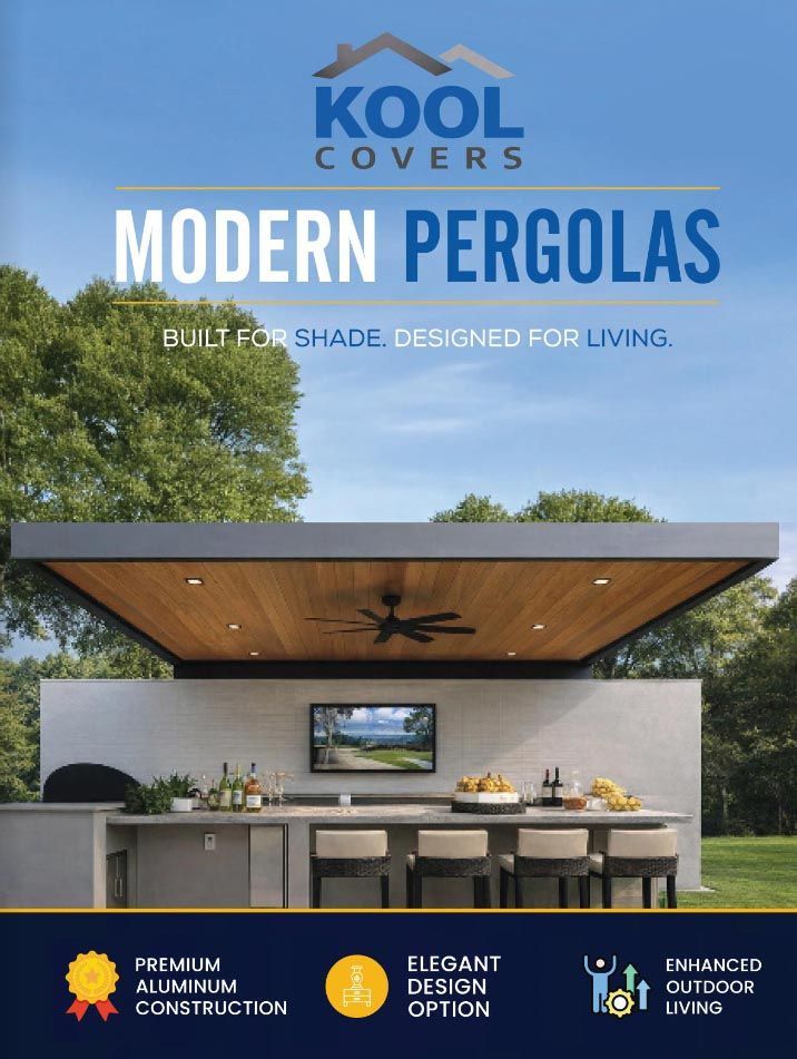 Modern pergola ad with wood ceiling, built-in lights, outdoor kitchen, and mountain backdrop