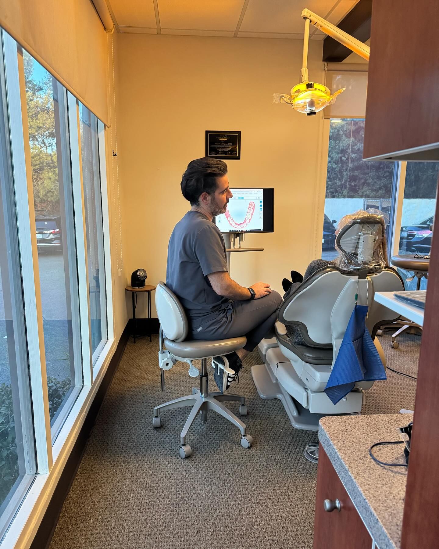 Dentist in scrubs sits at dental chair, looking at a monitor, in a brightly lit office next to a window.
